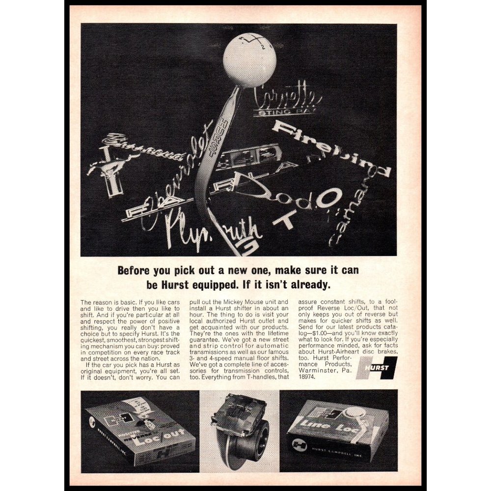 1967 Hurst Shifter Performance Car Parts Vintage Print Ad Muscle Car Wall Art
